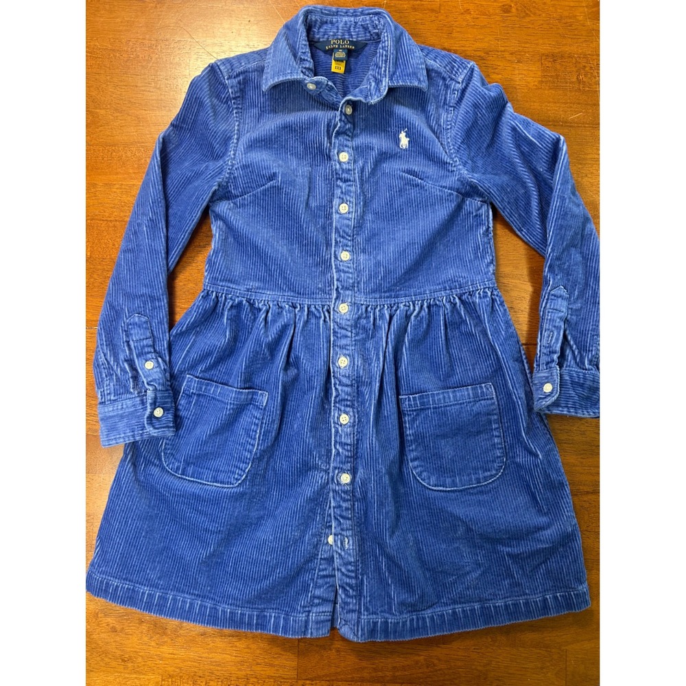 Polo Ralph Lauren Corduroy Dress Girls Size 10 Blue Long Sleeve Button Front